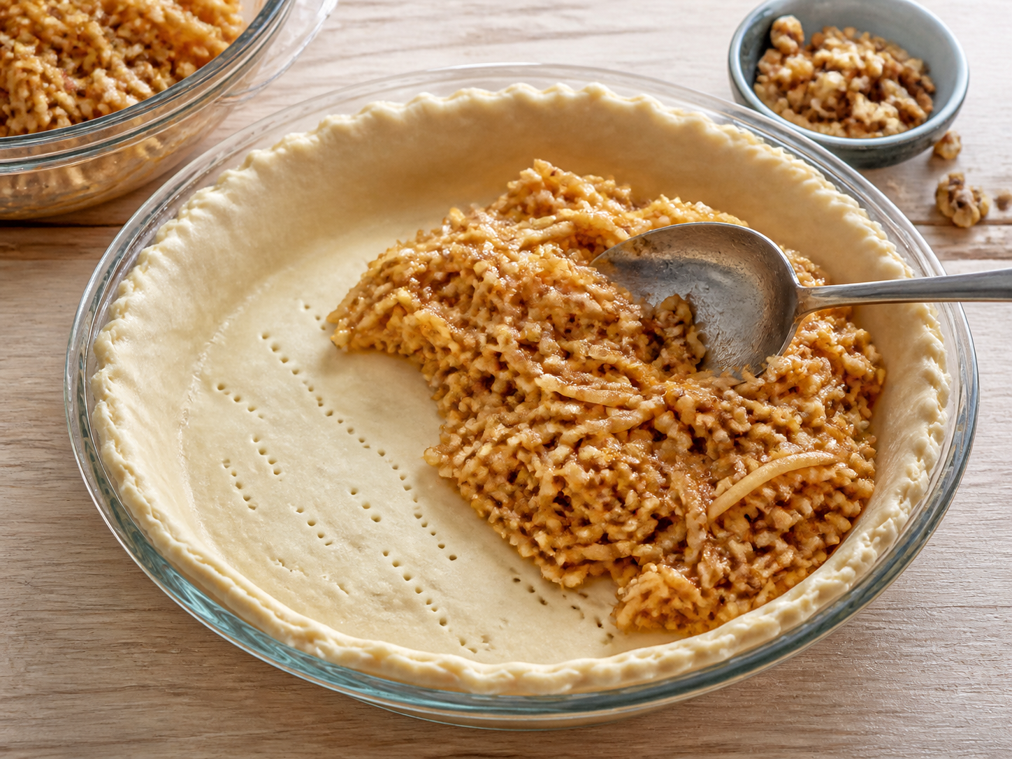 Apple, cinnamon, and walnut filling spread over the pastry crust