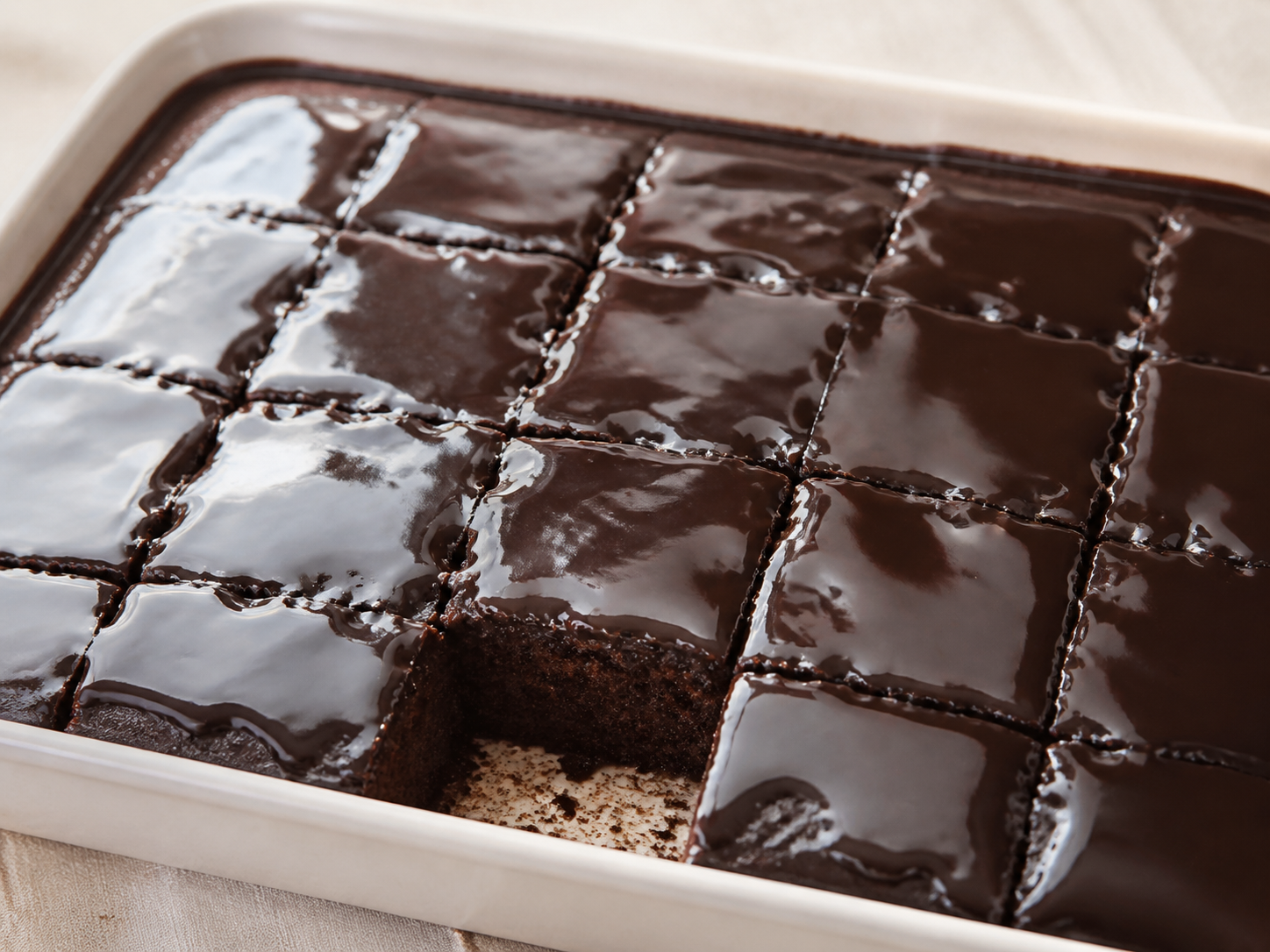Moist chocolate cake squares covered with glossy chocolate sauce