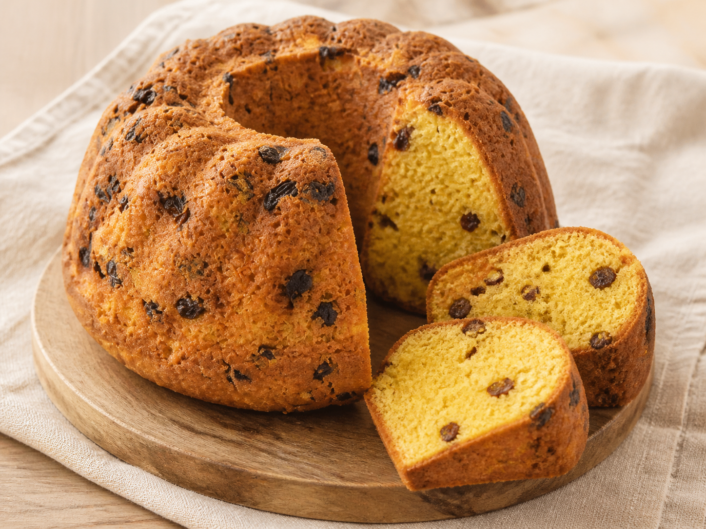 Orange raisin bundt cake with two slices