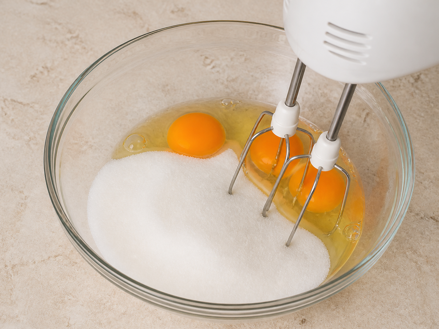Eggs and sugar being whisked for orange raisin cake batter
